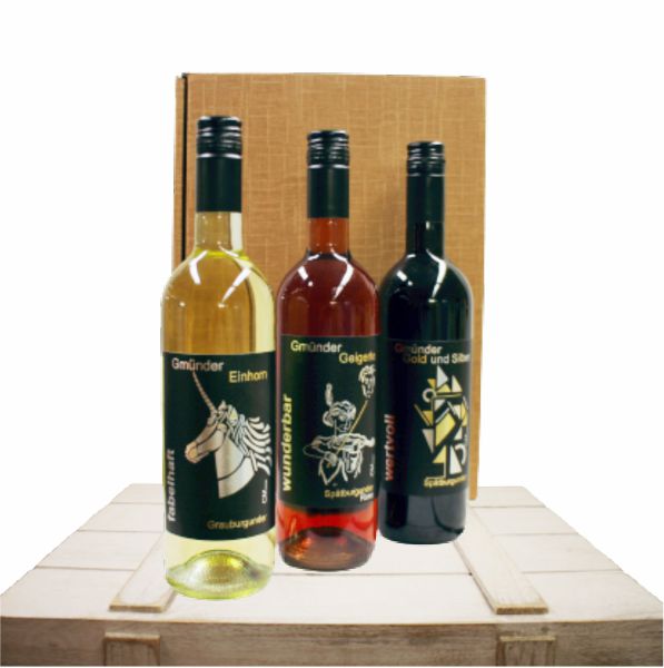 Weiß-, Rosé- und Rotwein mit Gmünder Motiven
